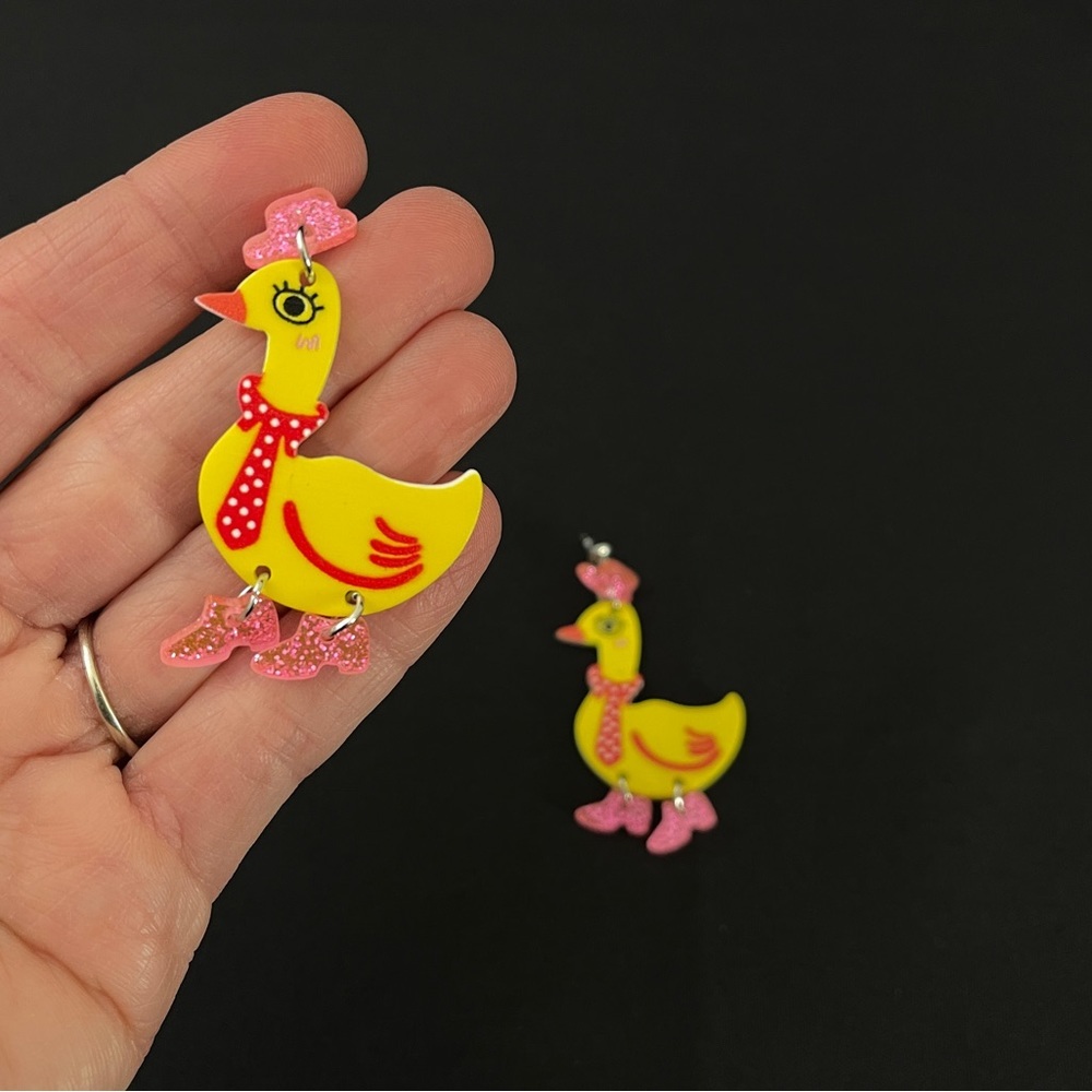 Hat and Boot Wearing Fancy Duck Dangle Earrings